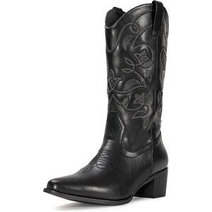 Women's Black Pointy Toe Faux Leather Western Cowgirl Mid Calf Boots